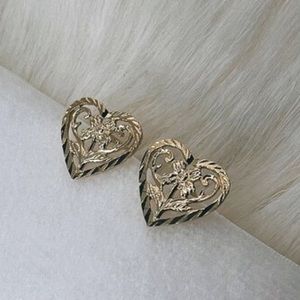 14k Solid Gold Flower Heart Earrings, Dainty Heart Studs